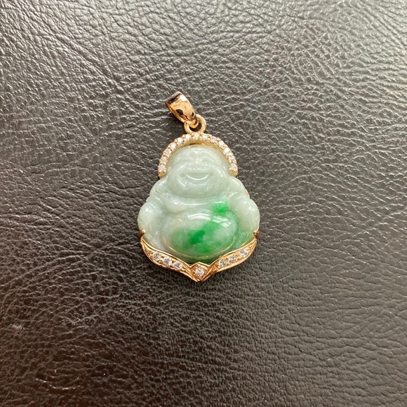 Small 14K Solid Real Gold Natural Jade Happy Laughing Buddha Pendant Grade A